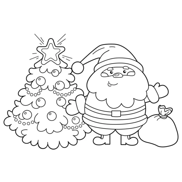 Coloriage Aperçu Père Noël Avec Sac Cadeau Arbre Noël Nouvel — Image vectorielle