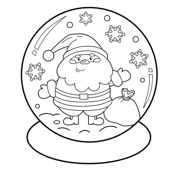 Coloriage Contour Boule Neige Avec Père Noël Avec Sac Cadeau — Image vectorielle