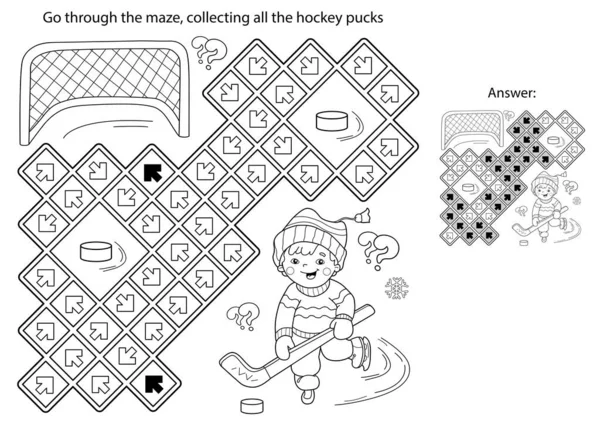 Labirinto Labirinto Puzzle Desenho Desenho Desenhos Animados Jogar Hóquei Desportos — Vetor de Stock