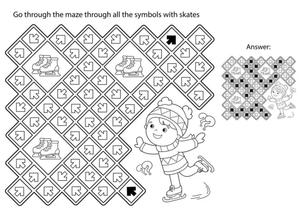 Labyrint Eller Labyrint Spel Pussel Färgläggning Sida Kontur Tecknad Flicka — Stock vektor