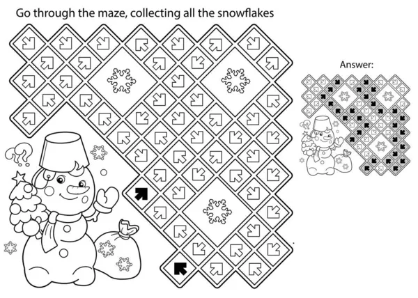 迷宫或迷宫游戏 用圣诞树把雪人的轮廓涂成彩色 圣诞节 儿童彩色书 — 图库矢量图片