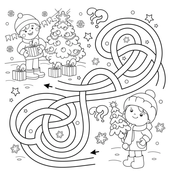 Maze Labyrinth Game Puzzle Tangled Road Coloring Page Outline Children — Stock Vector