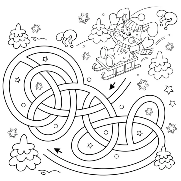 迷宫或迷宫游戏 缠绕着路 卡通快乐兔子滑行的彩色页面轮廓 冬季活动 儿童彩色书 — 图库矢量图片