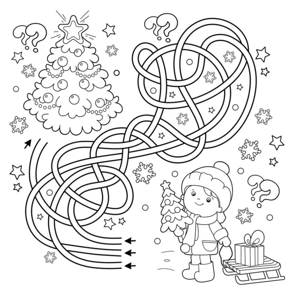 Maze Labyrinth Game Puzzle Tangled Road Coloring Page Outline Children — Stock Vector