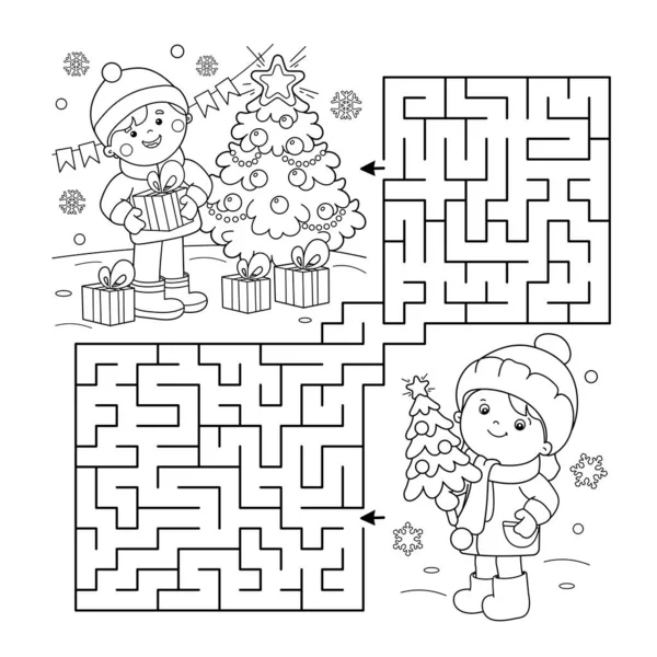 Maze Labyrinth Game Puzzle Coloring Page Outline Children Gifts Christmas — Stock Vector