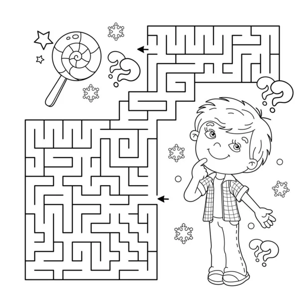 Labirinto Labirinto Puzzle Desenho Página Para Colorir Menino Com Doces —  Vetores de Stock