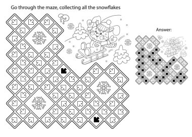 Labirent ya da Labirent Oyunu. Bulmaca. Çizgi film Mutlu Tavşan Kızağı 'nın Renkli Sayfası. Kış aktivitesi. Çocuklar için boyama kitabı. 
