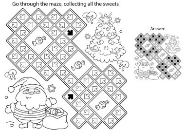 Labirent ya da Labirent Oyunu. Bulmaca. Noel Baba 'nın hediye çantası ve Noel ağacı ile renklendirme sayfası. Yeni yıl. Noel zamanı. Çocuklar için boyama kitabı.