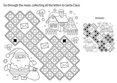 Labirent ya da Labirent Oyunu. Bulmaca. Noel Baba 'nın hediye çantası ve Noel ağacı ile renklendirme sayfası. Yeni yıl. Noel zamanı. Çocuklar için boyama kitabı.