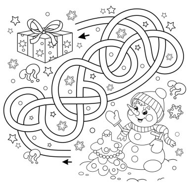 Labirent ya da Labirent Oyunu. Bulmaca. Karışık Yol. Yılbaşı ağacıyla Kardan Adam 'ın Renkli Sayfası. Yeni yıl. Noel zamanı. Çocuklar için boyama kitabı.