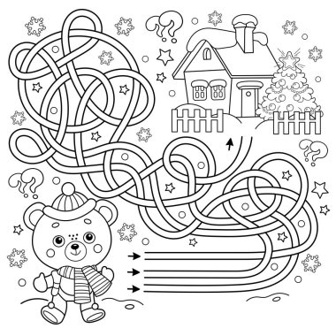 Labirent ya da Labirent Oyunu. Bulmaca. Karışık Yol. Noel ağacı olan küçük ayının renklendirme sayfası. Yeni yıl. Noel zamanı. Çocuklar için boyama kitabı. 
