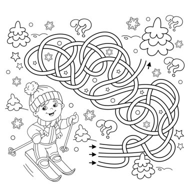 Labirent ya da Labirent Oyunu. Bulmaca. Karışık Yol. Çizgi filmdeki kayak yapan çocuğun ana hatlarını boyamak. Kış sporları. Çocuklar için boyama kitabı.