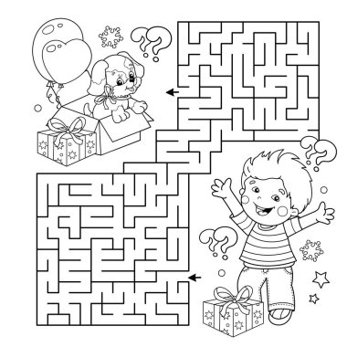 Labirent ya da Labirent Oyunu. Bulmaca. Çizgi filmdeki köpek ve hediyeli çocuğun ana hatlarını boyamak. Noel zamanı. Yeni yıl. Çocuklar için boyama kitabı.