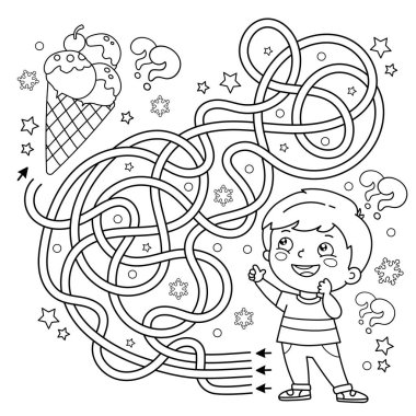 Labirent ya da Labirent Oyunu. Bulmaca. Karışık Yol. Dondurmalı küçük çocuğun boyama sayfası. Yeni yıl. Noel zamanı. Çocuklar için boyama kitabı.