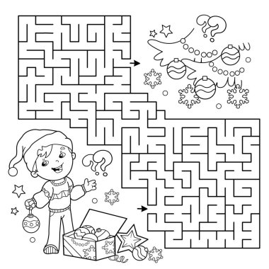 Labirent ya da Labirent Oyunu. Bulmaca. Çizgi filmci çocuğun Noel ağacını süslediği sayfa taslağı. Noel zamanı. Yeni yıl. Çocuklar için boyama kitabı.