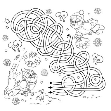 Labirent ya da Labirent Oyunu. Bulmaca. Karışık Yol. Kışın çizgi film kuşlarının ana hatlarını boyamak. Kuş yemliği. Çocuklar için boyama kitabı.