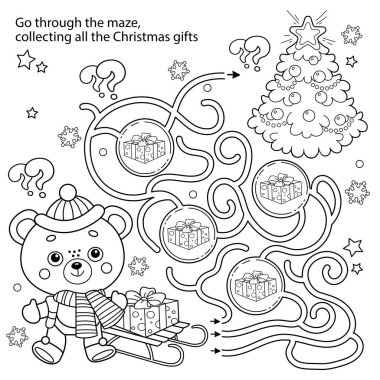 Labirent ya da Labirent Oyunu. Bulmaca. Noel ağacı olan küçük ayının renklendirme sayfası. Yeni yıl. Noel zamanı. Çocuklar için boyama kitabı. 