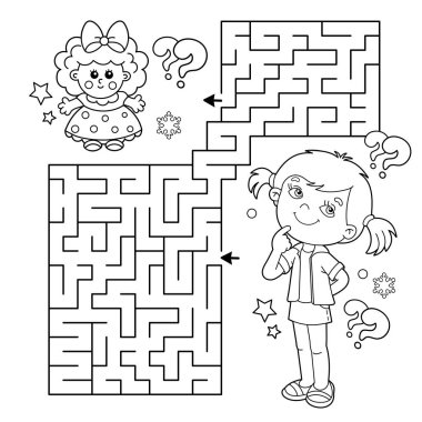 Labirent ya da Labirent Oyunu. Bulmaca. Oyuncak bebeğiyle çizgi film kızı taslağı boyanıyor. Çocuklar için boyama kitabı.