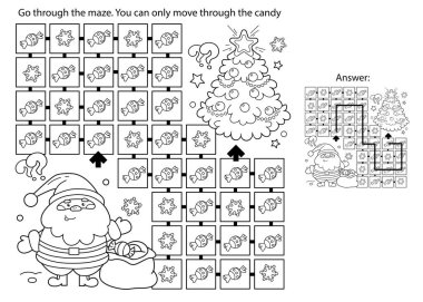 Labirent ya da Labirent Oyunu. Bulmaca. Noel Baba 'nın hediye çantası ve Noel ağacı ile renklendirme sayfası. Yeni yıl. Noel zamanı. Çocuklar için boyama kitabı.