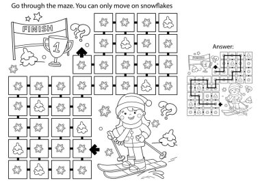 Labirent ya da Labirent Oyunu. Bulmaca. Çizgi filmdeki kayak yapan kızın ana hatlarını boyama sayfası. Kış sporları. Çocuklar için boyama kitabı.