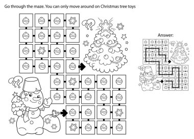 Labirent ya da Labirent Oyunu. Bulmaca. Yılbaşı ağacıyla Kardan Adam 'ın Renkli Sayfası. Yeni yıl. Noel zamanı. Çocuklar için boyama kitabı.