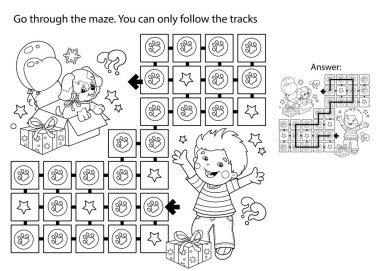 Labirent ya da Labirent Oyunu. Bulmaca. Çizgi filmdeki köpek ve hediyeli çocuğun ana hatlarını boyamak. Noel zamanı. Yeni yıl. Çocuklar için boyama kitabı.