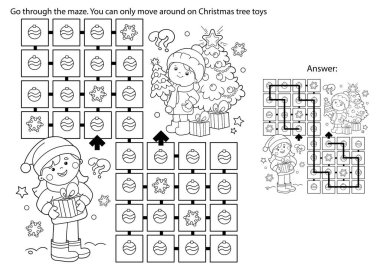 Labirent ya da Labirent Oyunu. Bulmaca. Noel ağacında hediyeli çocukların ana hatlarını boyamak. Noel zamanı. Yeni yıl. Çocuklar için boyama kitabı. 