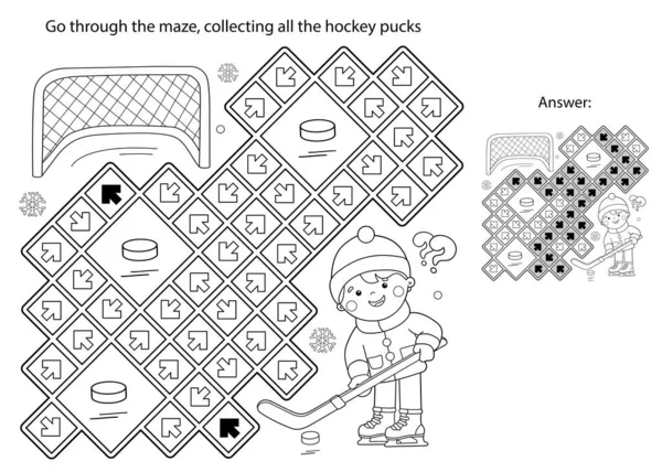 Labirinto Labirinto Puzzle Desenho Desenho Desenhos Animados Jogar Hóquei Desportos — Vetor de Stock
