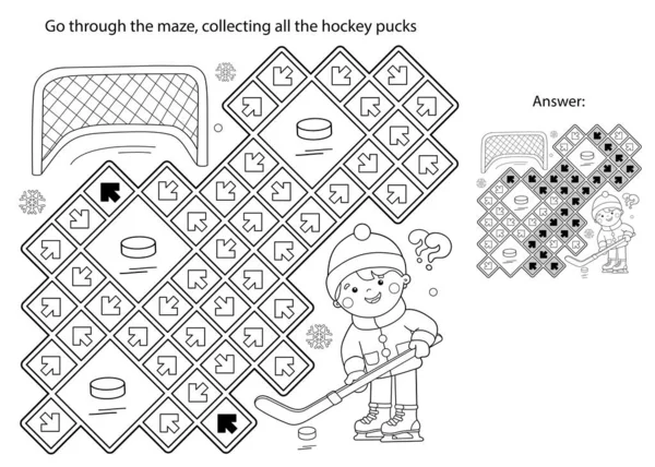 Мэйз Лабиринт Гейм Головоломка Окраска Контура Мультяшного Мальчика Играющего Хоккей — стоковый вектор