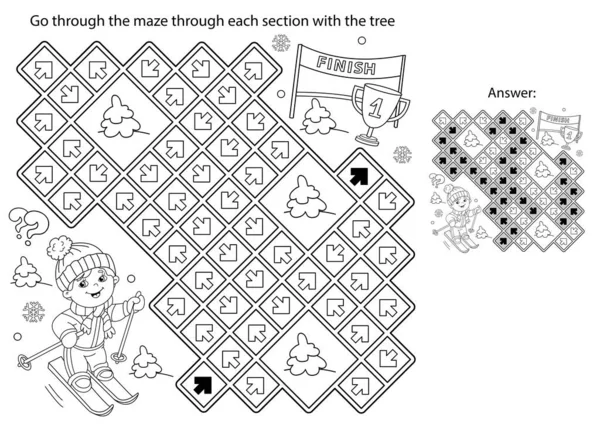 Labirinto Labirinto Puzzle Desenho Página Colorir Esqui Menino Dos Desenhos —  Vetores de Stock