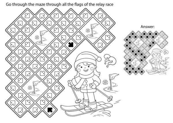 Labyrint Nebo Labyrint Puzzle Zbarvení Stránky Obrys Kreslené Dívky Lyžování — Stockový vektor