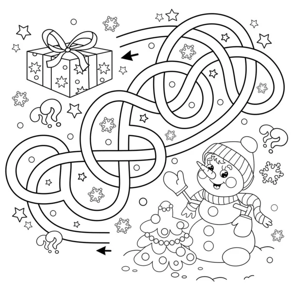迷路や迷路ゲーム パズルだ 交差路だ ぬりえページクリスマスツリーと雪だるまの概要 新年だ クリスマスだ 子供のためのぬり絵 — ストックベクタ
