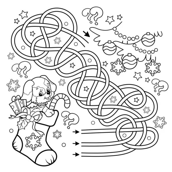 Maze Labyrinth Game Puzzle Tangled Road Coloring Page Outline Christmas — Stock Vector