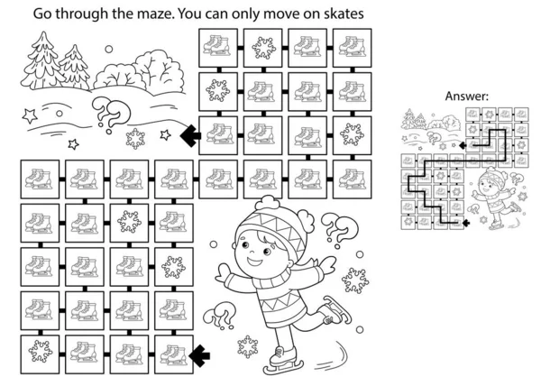 Labyrinthe Jeu Labyrinthe Puzzle Coloriage Aperçu Dessin Animé Fille Patinage — Image vectorielle
