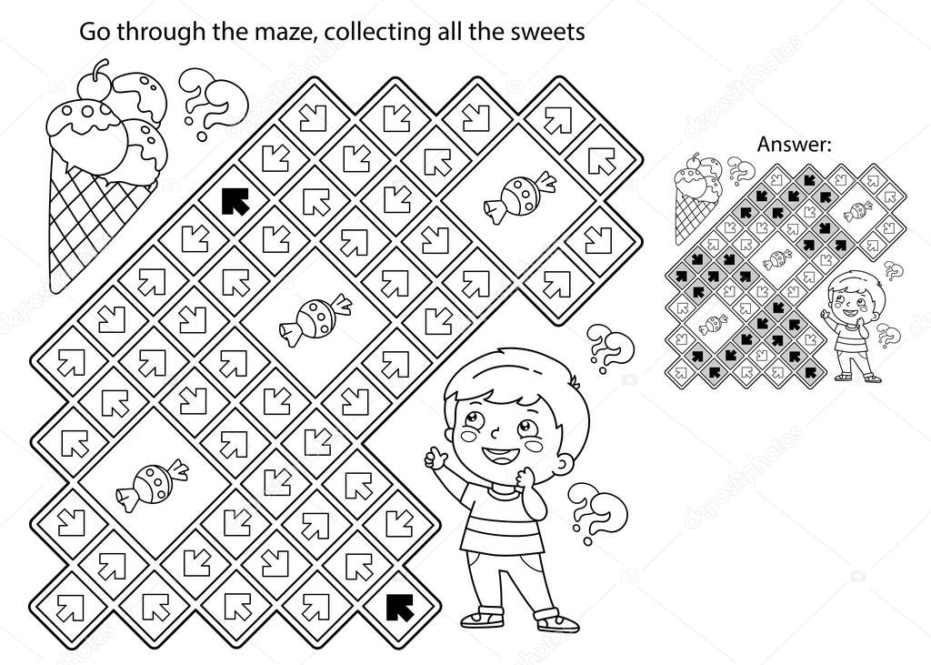 Maze or Labyrinth Game. Puzzle. Coloring Page Outline Of little boy with ice cream and sweets. Coloring book for kids.