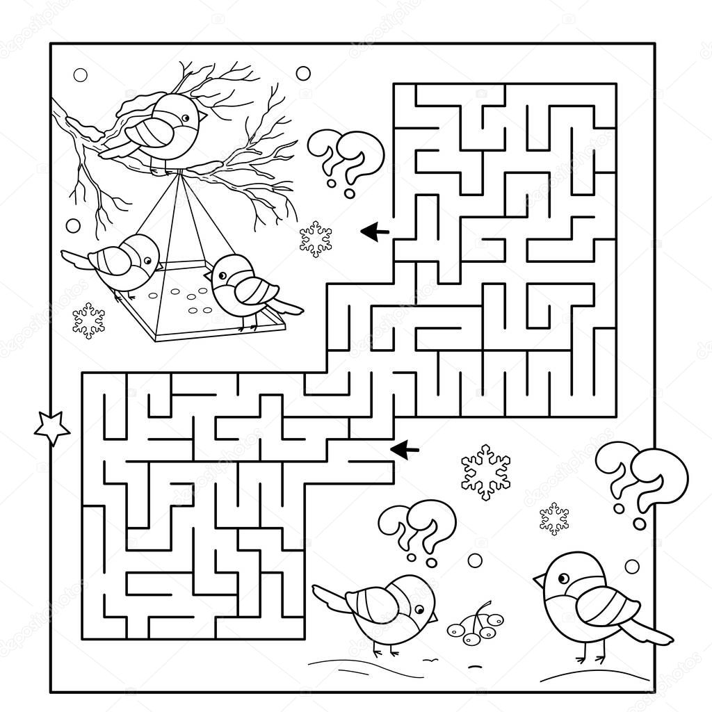 Maze or Labyrinth Game. Puzzle. Coloring Page Outline Of cartoon birds in the winter. Coloring book for kids.