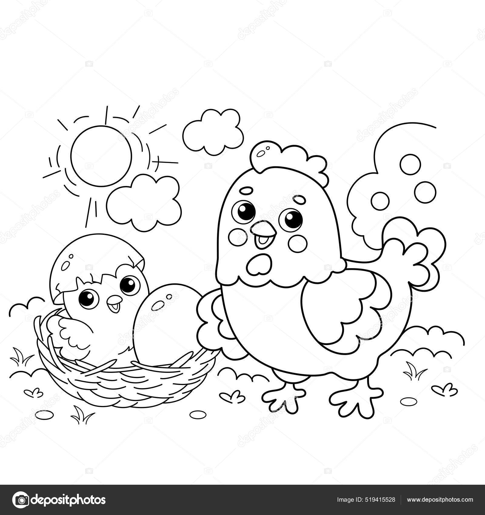 Galinha com ilustração de desenho animado colorido de ovo