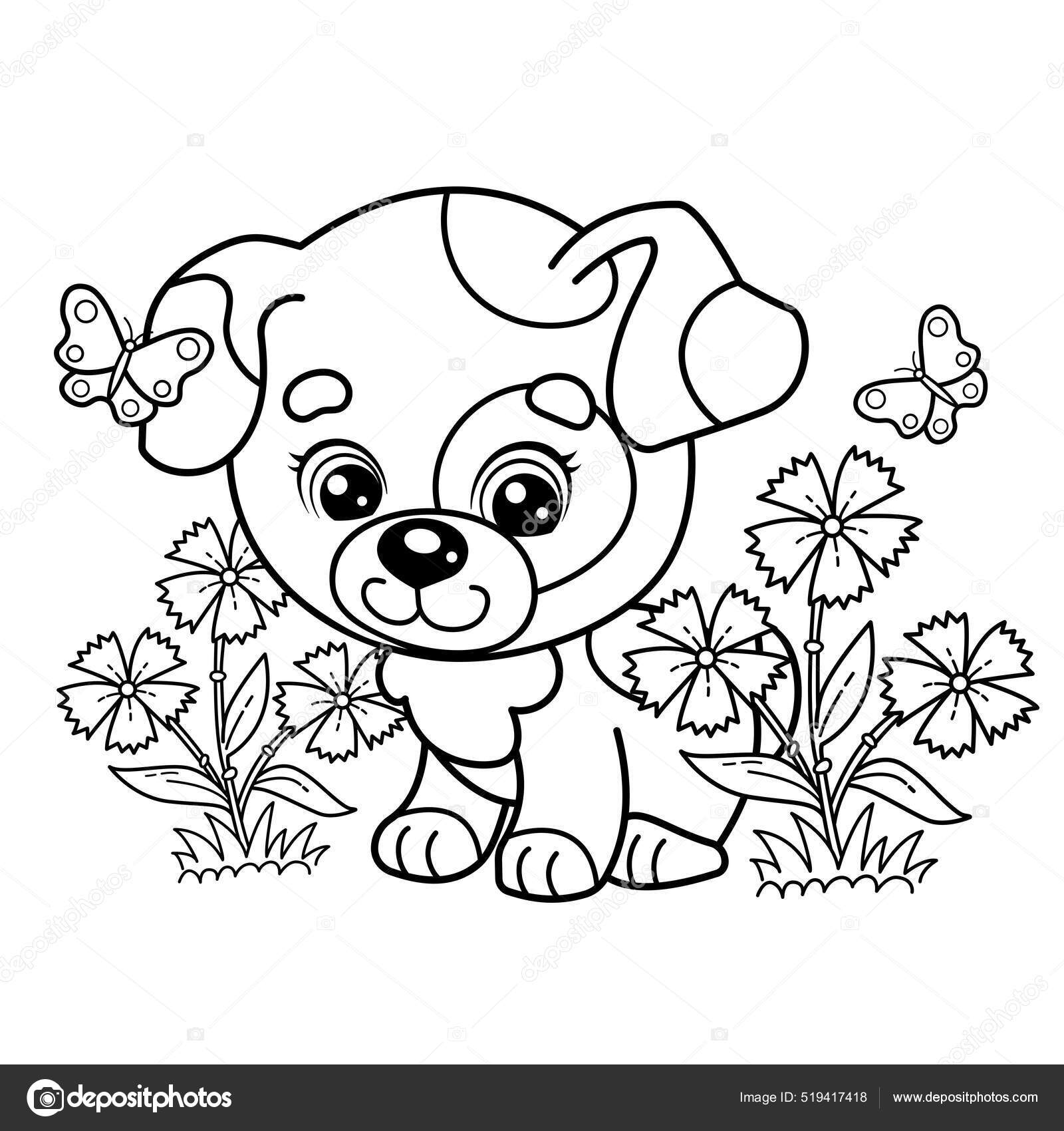 Arte de contorno para crianças, página de livro para colorir, cachorro  kawaii, páginas para colorir para crianças, estilo infantil branco completo