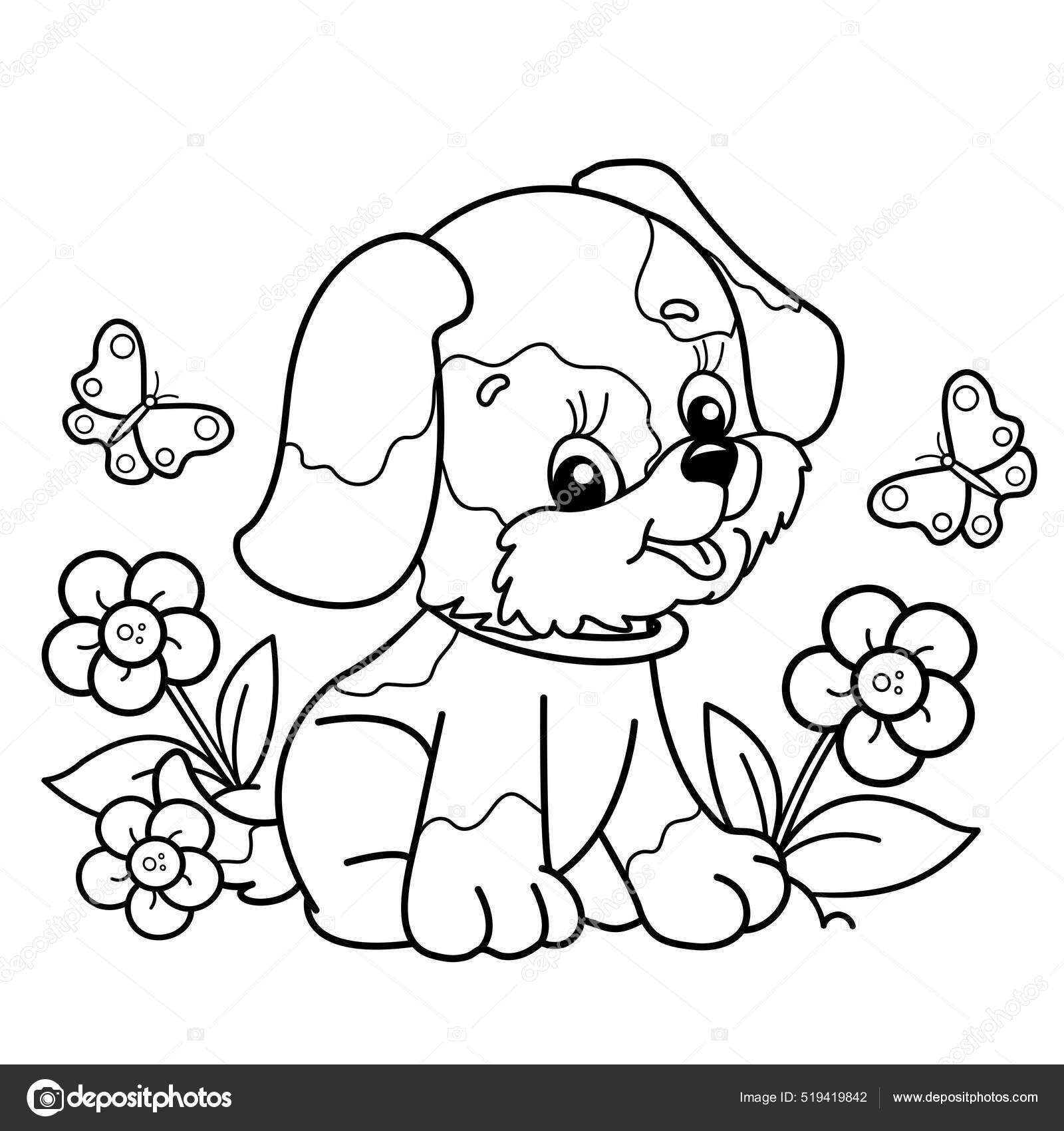 Arte de contorno para crianças, página de livro para colorir, cachorro  kawaii, páginas para colorir para crianças, estilo infantil branco completo