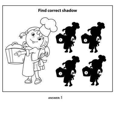Çocuklar için bulmaca oyunu. Doğru gölgeyi bul. Büyük tencereli çizgi film şefi kız. Küçük bir aşçı ya da önlüklü bir sincap ve şef şapkası. Mesleğiniz. Çocuklar için boyama kitabı.