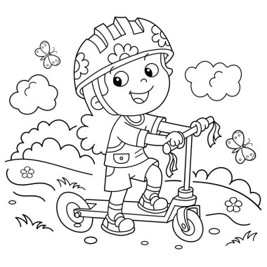 Scooter 'daki çizgi film kızlarının ana hatlarını boyamak. Çocuklar için boyama kitabı