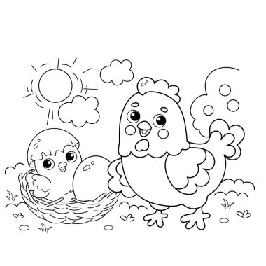 Yeni doğmuş piliçle tavuk ya da tavuk karikatürünü boyama sayfası. Yumurtalı yuva. Çocuklar için boyama kitabı.