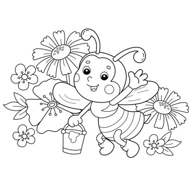 Karikatür çizgisi boyama sayfası Çiçek çayırında bal olan küçük arı. Yaz. Çocuklar için boyama kitabı.