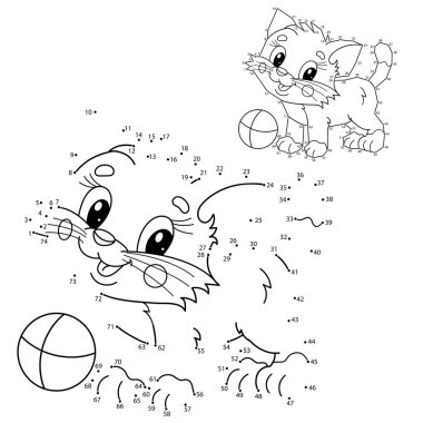 Çocuklar için bulmaca oyunu: Sayı oyunu. Oyuncak toplu çizgi film kedisinin ana hatlarını boyamak. Şirin, oynak kedi yavrusu. Çocuklar için Boyama Kitabı.