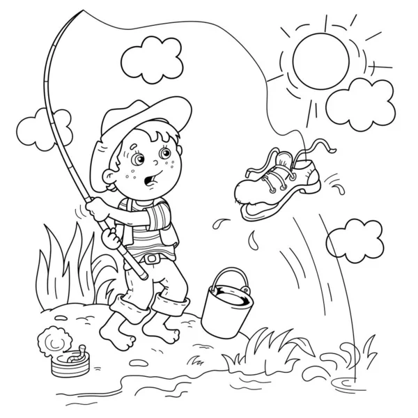 Coloring Page Outline Cartoon Funny Boy Fishing Rod Little Fisher — Stock Vector