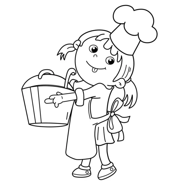 Coloring Page Outline Cartoon Girl Chef Large Pot Little Cook — Stock Vector