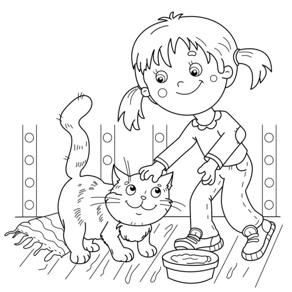 Desenho Página Para Colorir Desenho Animado Menina Com Seu Gato —  Vetores de Stock