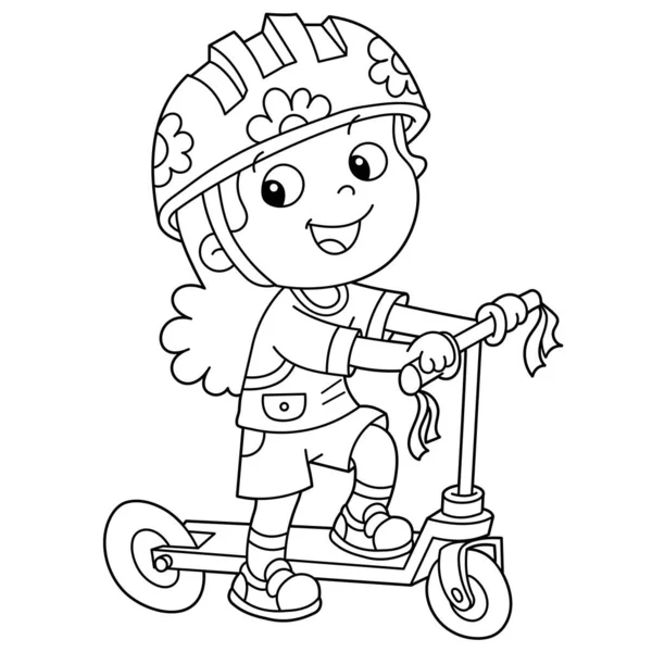 Página Para Colorear Esquema Chica Dibujos Animados Scooter Libro Para — Vector de stock