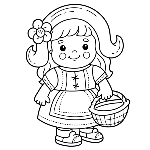 Coloriage Contour Dessin Animé Fille Mignonne Avec Panier Petite Capuche — Image vectorielle