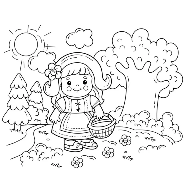 卡通人物 可爱的女孩 提着篮子走过森林 小红帽 童话故事了不起的英雄儿童彩色书 — 图库矢量图片